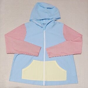 Lands End Multicolor Seersucker Hoodie Front Zip Women's 1X Preppy Spring Easter